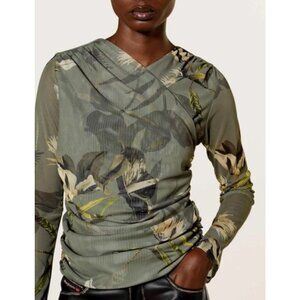 NWT ALLSAINTS Womens Size 6 US Hanako Mesh Long Sleeve Top Olive Green Floral